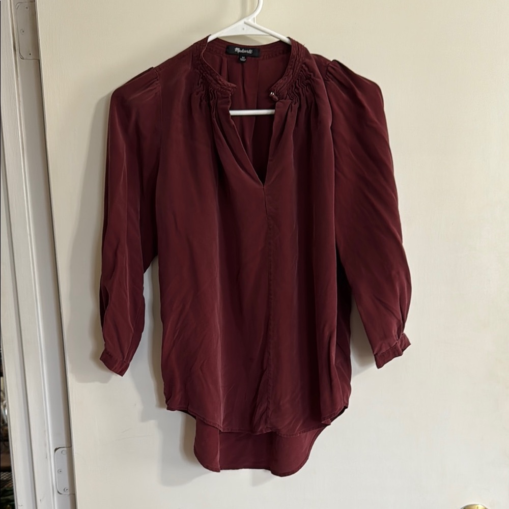 Madewell Red Asymmetrical 3/4 Sleeve Blouse with Mandarin Collar